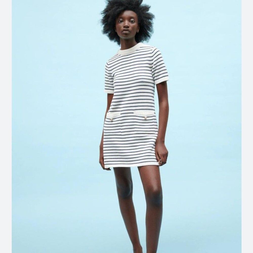 Zara Knit Short Sleeve Mini Dress Navy Cream Striped Medium Nautical Old Money